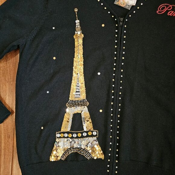 VTG Storybook Knits Paris Eiffel Tower Cardigan Sweater Beaded Sz XL 1X NWT - Picture 7 of 11